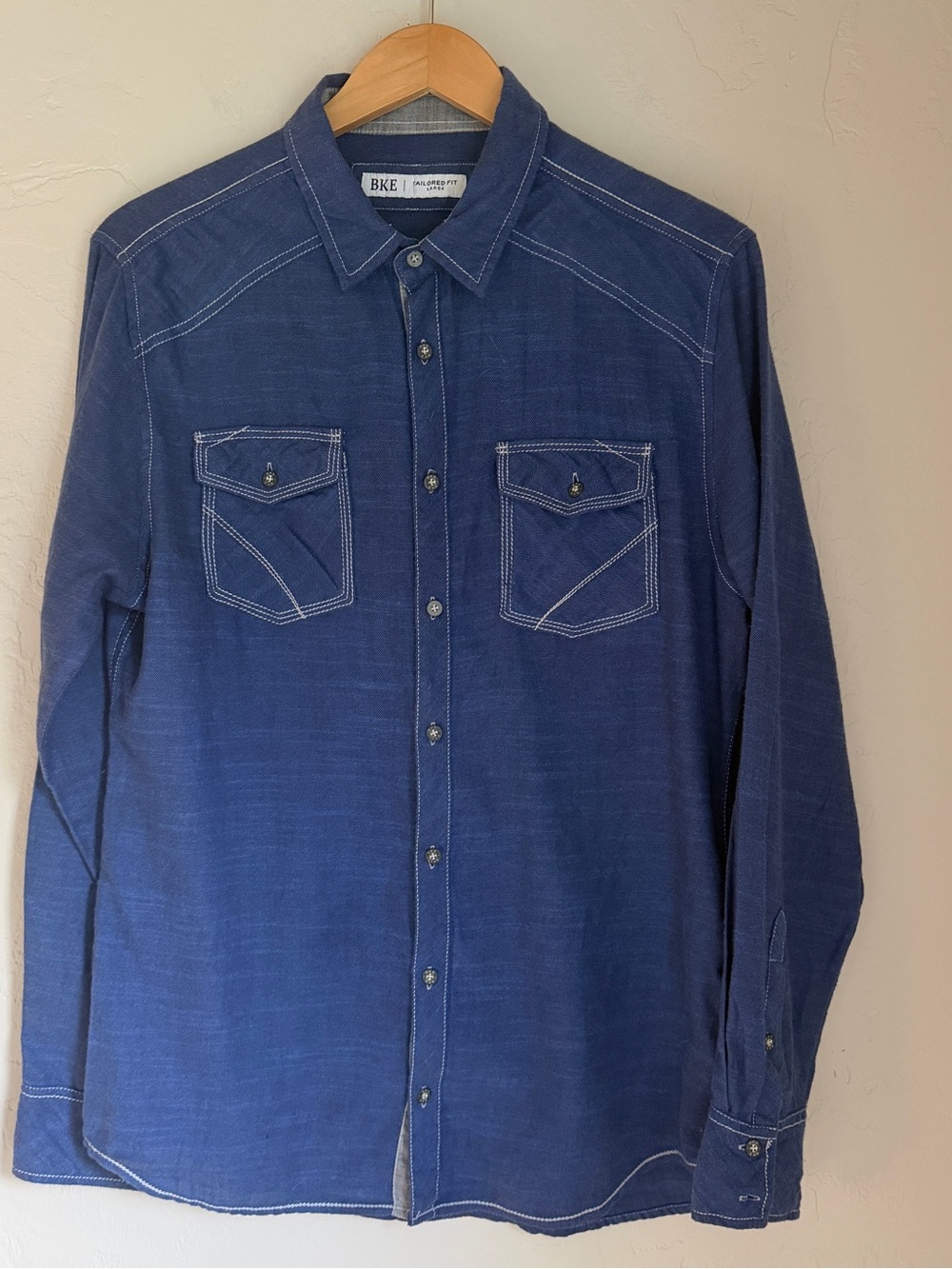 BKE Men's Tailored Fit  Indigo Blue Long-Sleeve Button-Down Shirt Size L